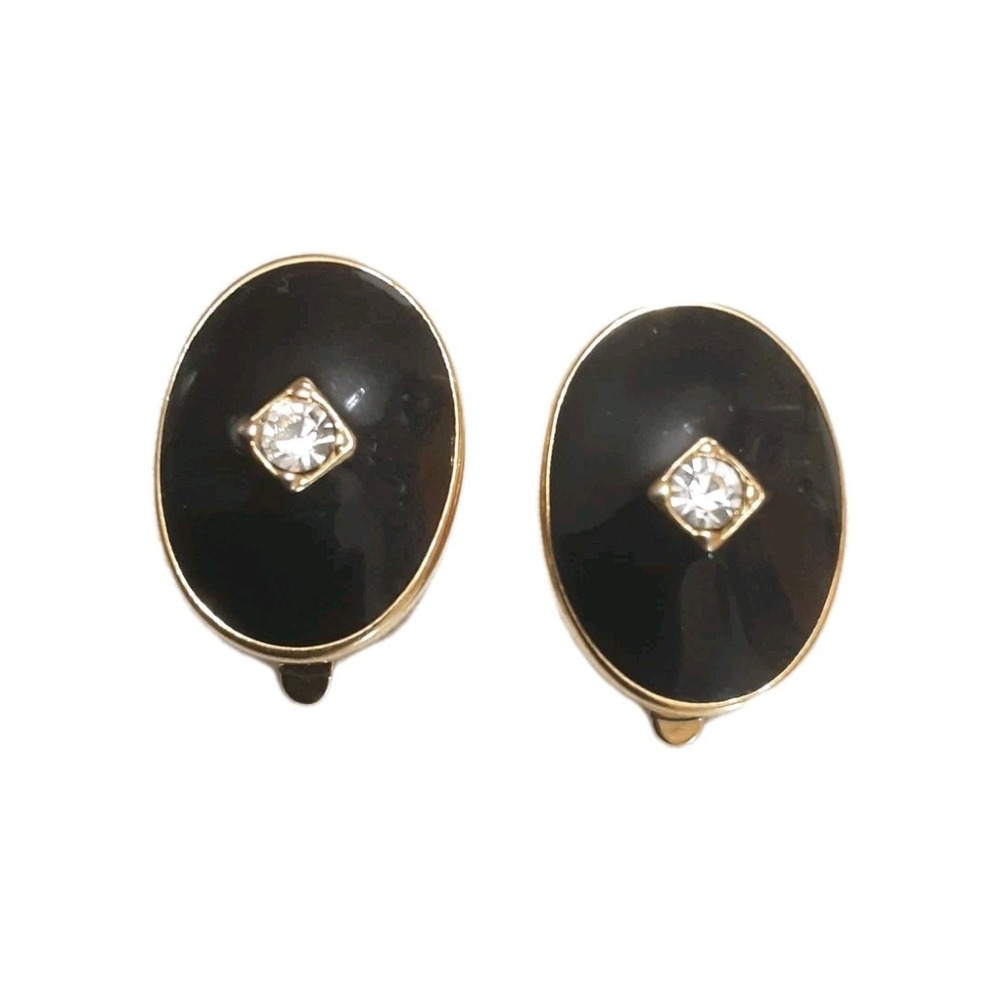 Vtg Trifari Earings Oval black Enamel Clear Rhinestone Gold Tone Clip Ons